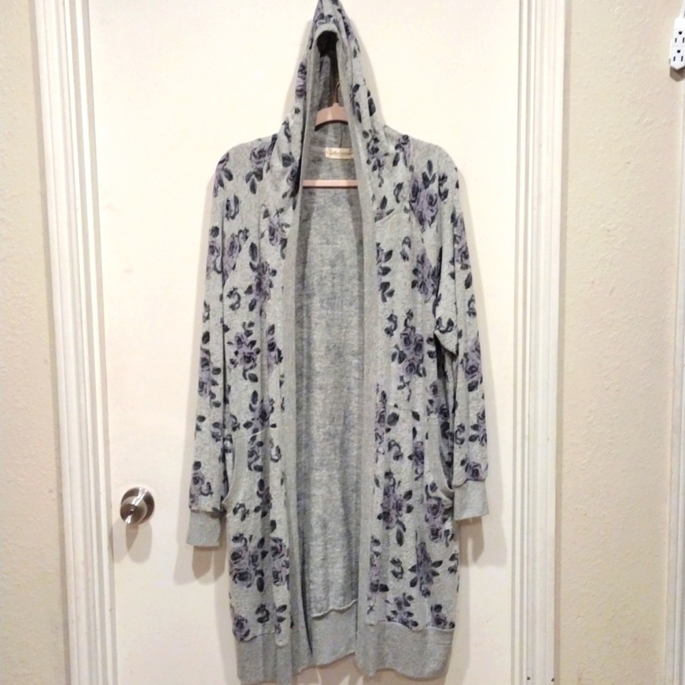 Altr'd State Gray & Purple Floral Longline Open Front Cardigan Sweater Sz XL